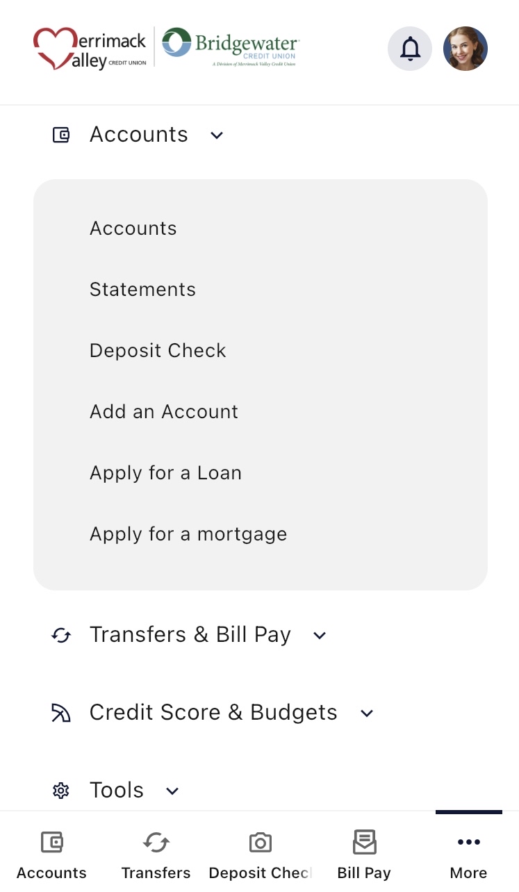 Mobile Banking Accounts dropdown screenshot